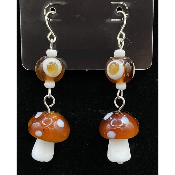 Mushroom Brown & White with Multicolor Round Glass Bead Earrings by Neanie-Bot - Picture 1 of 1